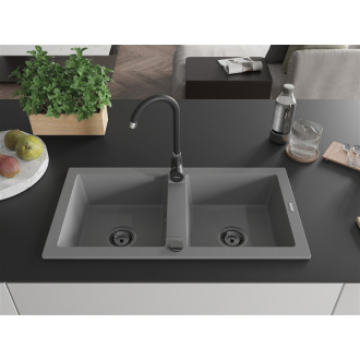 Mexen Mario 2miskový granitový drez 820 x 436 mm, sivý, čierny sifón - 6504822000-71-B