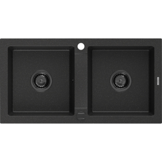 Mexen Mario 2miskový granitový drez 820 x 436 mm, čierna / strieborná metalíza, čierny sifón - 6504822000-73-B
