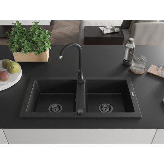 Mexen Mario 2miskový granitový drez 820 x 436 mm, čierna / strieborná metalíza, čierny sifón - 6504822000-73-B