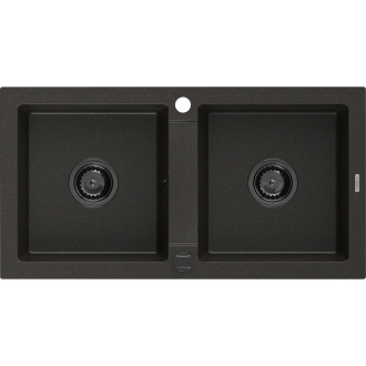 Mexen Mario 2miskový granitový drez 820 x 436 mm, čierna / zlatá metalíza, čierny sifón - 6504822000-75-B