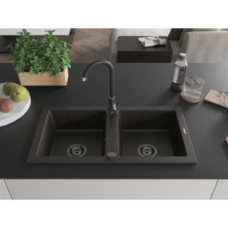 Mexen Mario 2miskový granitový drez 820 x 436 mm, čierna / zlatá metalíza, čierny sifón - 6504822000-75-B