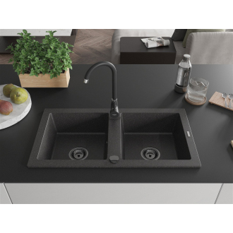 Mexen Mario 2miskový granitový drez 820 x 436 mm, melír čierny, čierny sifón - 6504822000-76-B