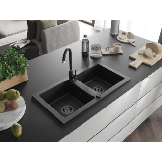 Mexen Mario 2miskový granitový drez 820 x 436 mm, čierny, čierny sifón - 6504822000-77-B