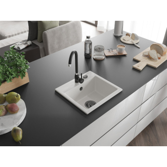 Mexen Milo 1miskový granitový drez 435 x 410 mm, biely, čierny sifón - 6505441000-20-B