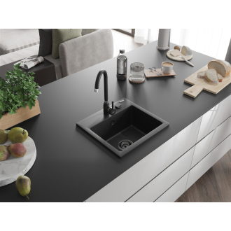 Mexen Milo 1-miskový granitový drez 435 x 410 mm, čierna/strieborná metalíza, čierny sifón - 6505441000-73-B