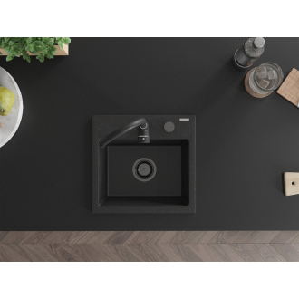 Mexen Milo 1-miskový granitový drez 435 x 410 mm, čierna/strieborná metalíza, čierny sifón - 6505441000-73-B