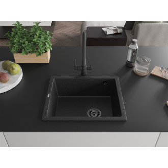 Mexen Pedro 1miskový granitový drez 560 x 460 mm, čierna / strieborná metalíza, čierny sifón - 6508561000-73-B