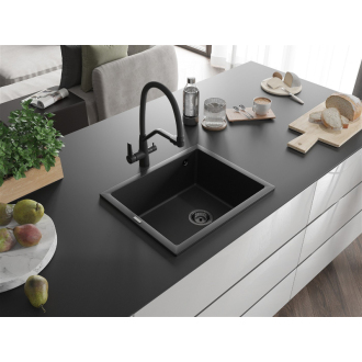 Mexen Pedro 1miskový granitový drez 560 x 460 mm, čierny, čierny sifón - 6508561000-77-B