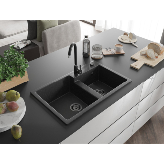 Mexen Tomas 2miskový granitový drez 800 x 500 mm, čierna / strieborná metalíza, čierny sifón - 6516802000-73-B