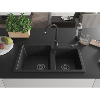 Mexen Tomas 2miskový granitový drez 800 x 500 mm, čierna / strieborná metalíza, čierny sifón - 6516802000-73-B