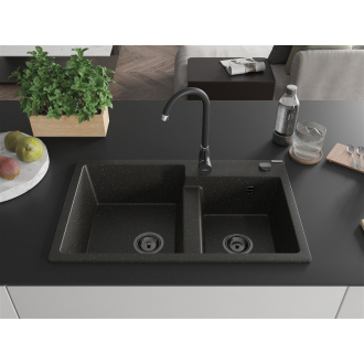 Mexen Tomas 2miskový granitový drez 800 x 500 mm, čierna / zlatá metalíza, čierny sifón - 6516802000-75-B