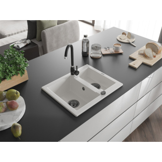 Mexen Carlos 1,5-miskový granitový drez 582 x 475 mm, biely, čierny sifón - 6518581500-20-B