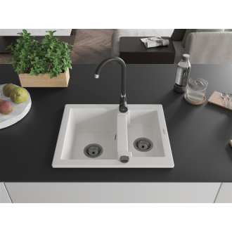 Mexen Carlos 1,5-miskový granitový drez 582 x 475 mm, biely, čierny sifón - 6518581500-20-B