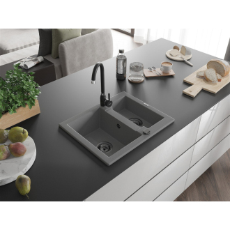 Mexen Carlos 1,5-miskový granitový drez 582 x 475 mm, sivý, čierny sifón - 6518581500-71-B
