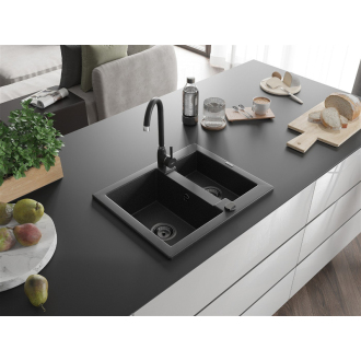 Mexen Carlos 1,5-miskový granitový drez 582 x 475 mm, čierna/strieborná metalíza, čierny sifón - 6518581500-73-B