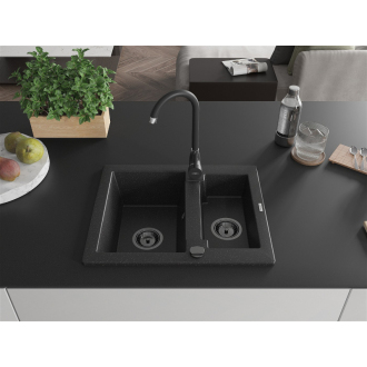 Mexen Carlos 1,5-miskový granitový drez 582 x 475 mm, čierna/strieborná metalíza, čierny sifón - 6518581500-73-B