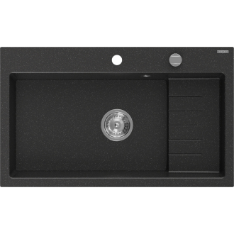 Mexen Omar 1miskový granitový drez 800 x 480 mm, čierna / strieborná metalíza, chrómový sifón - 6520801005-73
