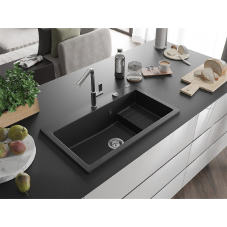 Mexen Omar 1miskový granitový drez 800 x 480 mm, čierna / strieborná metalíza, chrómový sifón - 6520801005-73