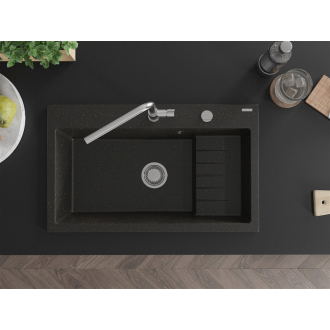 Mexen Omar 1miskový granitový drez 800 x 480 mm, čierna / zlatá metalíza, chrómový sifón - 6520801005-75