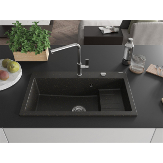 Mexen Omar 1miskový granitový drez 800 x 480 mm, čierna / zlatá metalíza, chrómový sifón - 6520801005-75
