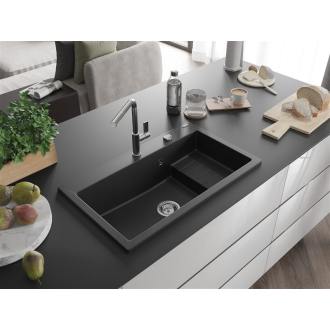 Mexen Omar 1miskový granitový drez 800 x 480 mm, čierny, chrómový sifón - 6520801005-77
