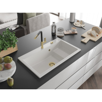 Mexen Omar 1miskový granitový drez 800 x 480 mm, biely, zlatý sifón - 6520801005-20-G