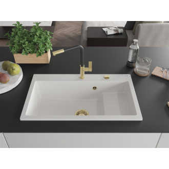 Mexen Omar 1miskový granitový drez 800 x 480 mm, biely, zlatý sifón - 6520801005-20-G