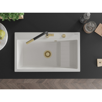 Mexen Omar 1miskový granitový drez 800 x 480 mm, biely, zlatý sifón - 6520801005-20-G