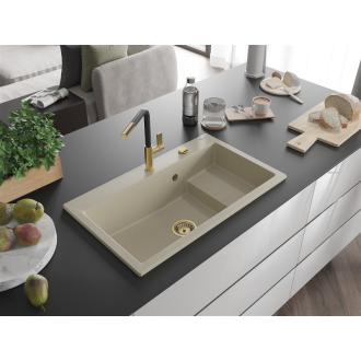 Mexen Omar 1miskový granitový drez 800 x 480 mm, béžový, zlatý sifón - 6520801005-69-G