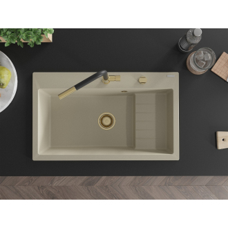 Mexen Omar 1miskový granitový drez 800 x 480 mm, béžový, zlatý sifón - 6520801005-69-G
