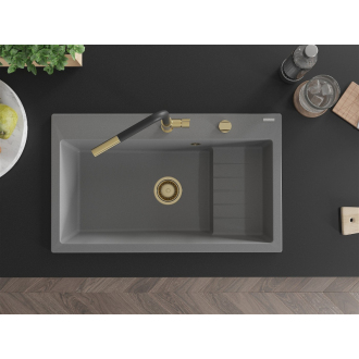 Mexen Omar 1miskový granitový drez 800 x 480 mm, sivý, zlatý sifón - 6520801005-71-G