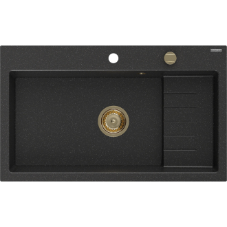 Mexen Omar 1miskový granitový drez 800 x 480 mm, čierna / strieborná metalíza, zlatý sifón - 6520801005-73-G