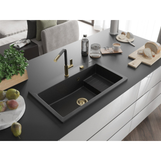 Mexen Omar 1miskový granitový drez 800 x 480 mm, čierna / strieborná metalíza, zlatý sifón - 6520801005-73-G