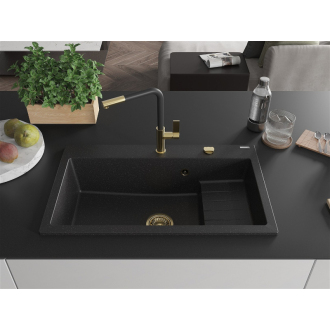 Mexen Omar 1miskový granitový drez 800 x 480 mm, čierna / strieborná metalíza, zlatý sifón - 6520801005-73-G