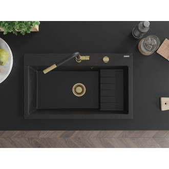 Mexen Omar 1miskový granitový drez 800 x 480 mm, čierna / strieborná metalíza, zlatý sifón - 6520801005-73-G