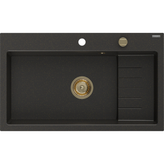 Mexen Omar 1miskový granitový drez 800 x 480 mm, čierna / zlatá metalíza, zlatý sifón - 6520801005-75-G