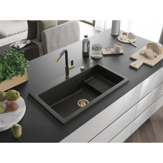 Mexen Omar 1miskový granitový drez 800 x 480 mm, čierna / zlatá metalíza, zlatý sifón - 6520801005-75-G