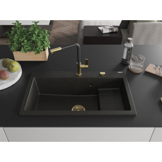 Mexen Omar 1miskový granitový drez 800 x 480 mm, čierna / zlatá metalíza, zlatý sifón - 6520801005-75-G