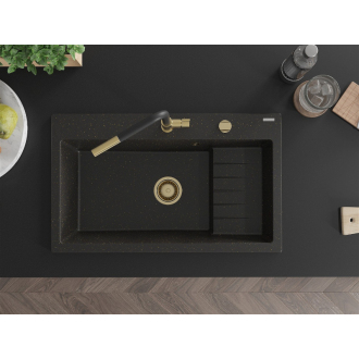 Mexen Omar 1miskový granitový drez 800 x 480 mm, čierna / zlatá metalíza, zlatý sifón - 6520801005-75-G