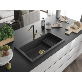 Mexen Omar 1miskový granitový drez 800 x 480 mm, melír čierny, zlatý sifón - 6520801005-76-G