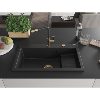 Mexen Omar 1miskový granitový drez 800 x 480 mm, čierny, zlatý sifón - 6520801005-77-G