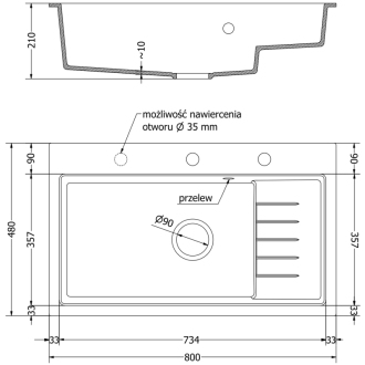 Mexen Omar 1miskový granitový drez 800 x 480 mm, čierny, zlatý sifón - 6520801005-77-G