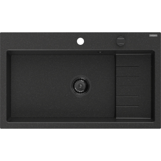 Mexen Omar 1miskový granitový drez 800 x 480 mm, čierna / strieborná metalíza, čierny sifón - 6520801005-73-B