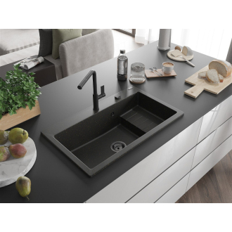 Mexen Omar 1miskový granitový drez 800 x 480 mm, čierna / zlatá metalíza, čierny sifón - 6520801005-75-B