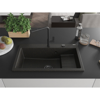Mexen Omar 1miskový granitový drez 800 x 480 mm, čierna / zlatá metalíza, čierny sifón - 6520801005-75-B