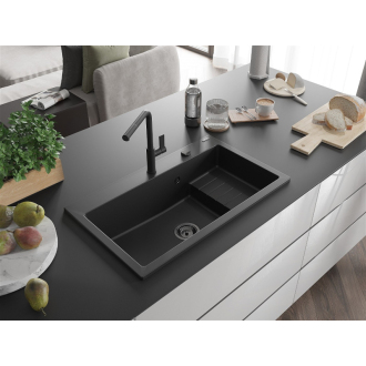 Mexen Omar 1miskový granitový drez 800 x 480 mm, čierny, čierny sifón - 6520801005-77-B