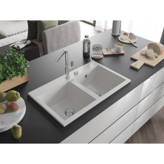 Mexen Hektor 2miskový granitový drez 800 x 480 mm, biely, chrómový sifón - 6521802000-20