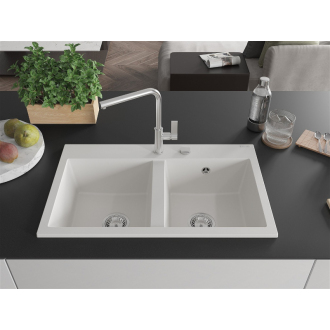 Mexen Hektor 2miskový granitový drez 800 x 480 mm, biely, chrómový sifón - 6521802000-20