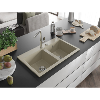 Mexen Hektor 2miskový granitový drez 800 x 480 mm, béžový, chrómový sifón - 6521802000-69