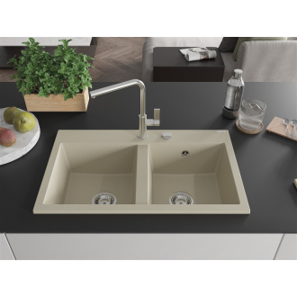 Mexen Hektor 2miskový granitový drez 800 x 480 mm, béžový, chrómový sifón - 6521802000-69
